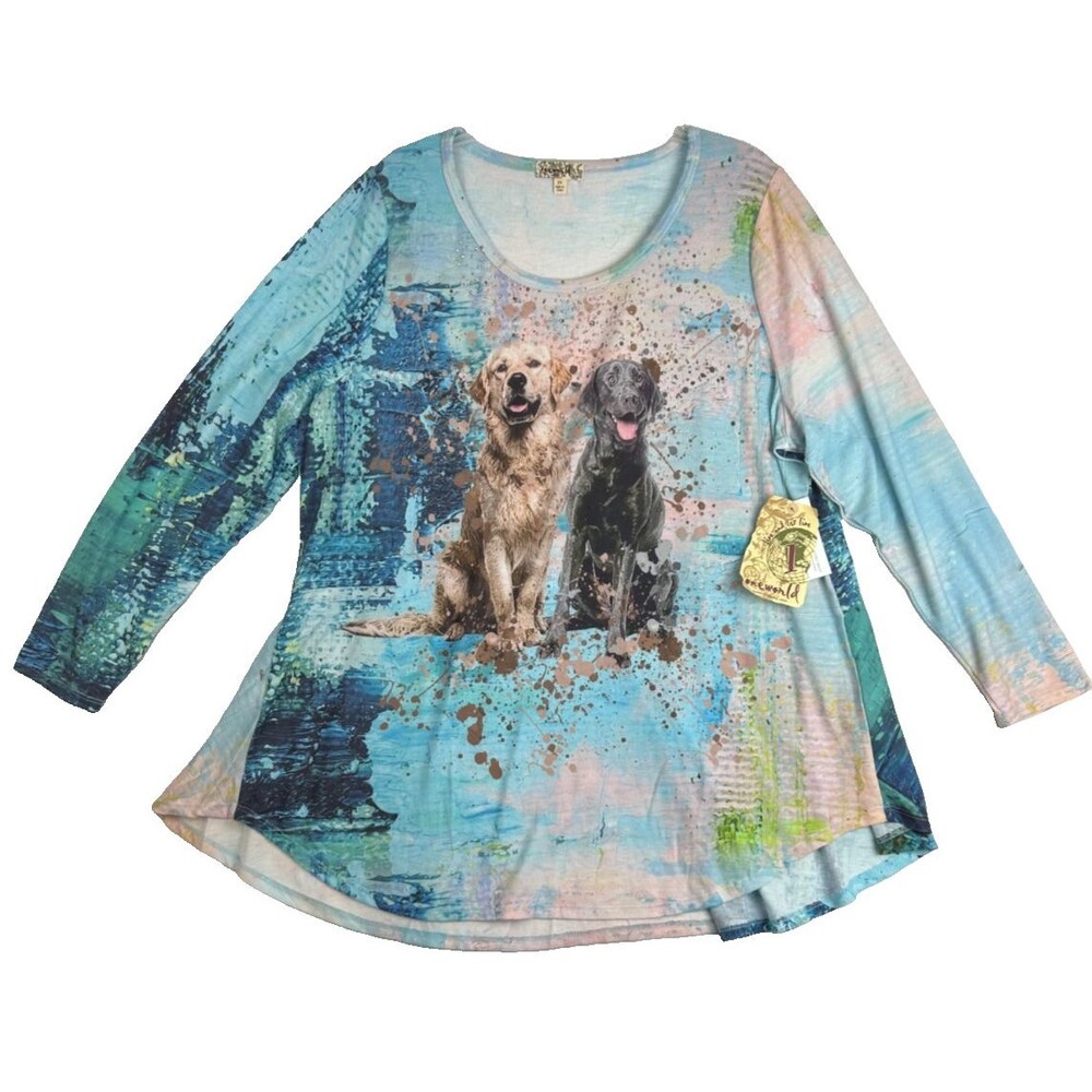 One World Live and Let Live Dog Print Tunic Top Women’s 2X Long Sleeve